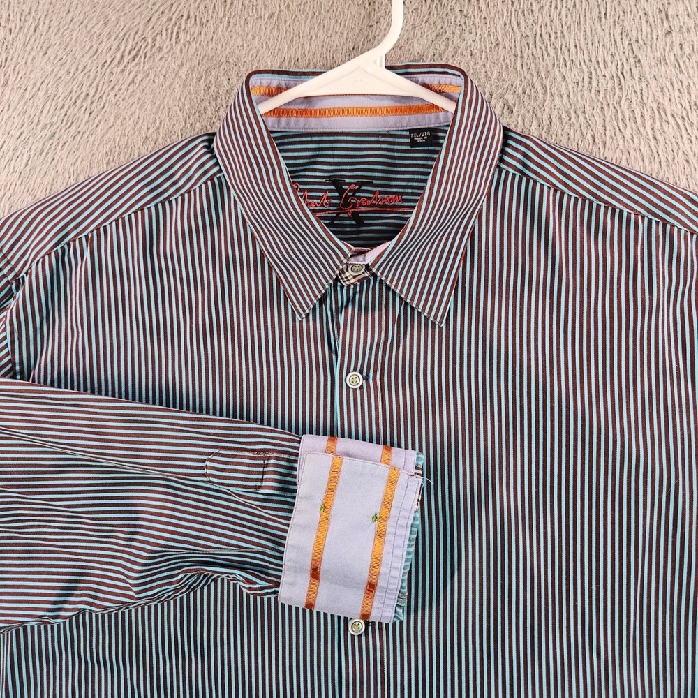 Robert Graham Mens 2XL Striped Button Down Shirt Teal Burgundy Long Sleeve